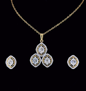 Ensemble collier et boucles d'oreilles en diamant de laboratoire Hexagon Halo – Élégant ensemble de bijoux de mariée en or jaune - Product Image 2