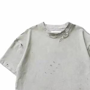 Distressed T Shirt Custom Logo Heavyweight Streetwear T Shirts Trendy Distressed Ripped Holes design - Product Image 4