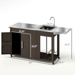 Tavolo Laterale Pieghevole con Mobiletto per Cucina Esterna, con Lavello in Acciaio Inox e Griglia di Drenaggio, Carrello per Barbecue all'Aperto - Product Image 3