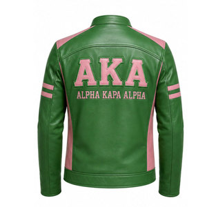 Blouson Bomber en Cuir Rose Brodé Alpha Kappa Alpha AKA pour Homme, Col Rabattu Décontracté, Fermeture Éclair, Logo Arrière 1908 - Product Image 3