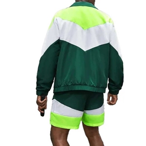 ชุดเสื้อแจ็คเก็ตและกางเกงขาสั้นผู้ชายแบบ Color Blocking สีเขียวขาวนีออน สไตล์สปอร์ตสำหรับฤดูร้อน ชุดออกกำลังกาย แห้งเร็ว ผลิตจากผ้าโพลีเอสเตอร์ทอ - Product Image 2