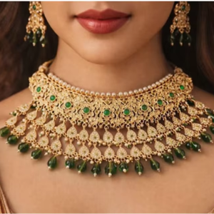 Conjunto de collar de gargantilla nupcial chapado en oro premium con piedra verde y aretes, joyería para bodas y festivales para mujeres. - Product Image 1