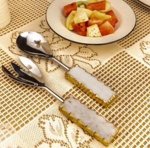 Luxury Marble Handle Salad Serving Set – Stainless Steel Spoon & <b>Fork</b> with Gold Edge Design for Dining & Tableware - Product Image 1