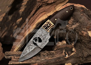 Cuchillo de caza OEM Wirecut de acero de Damasco, tipo Skinner, mango de micarta de ciervo, hoja fija, para camping, actividades al aire libre y EDC, con funda de cuero. - Product Image 2