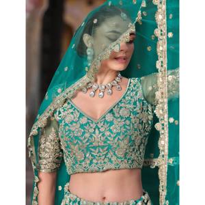 Teal Green <b>Sequins</b> Net Wedding Lehenga Choli Set with Dupatta for Women - Product Image 3