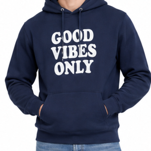 เสื้อฮู้ดดี้ผู้ชายสีน้ำเงินกรมท่าพรีเมียม พิมพ์ลาย "Good Vibes Only" ผ้าฝ้าย ทรงปกติ สวมใส่สบายๆ - Product Image 2
