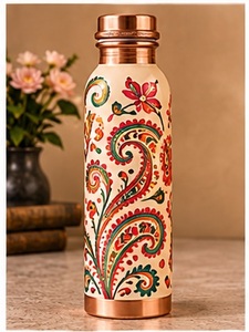 Botella de Agua de Cobre Hecha a Mano con Patrón Floral Mediterráneo Azul, Frasco Metálico Portátil con Tapa - Product Image 3