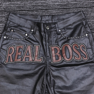 Custom Street Wear <b>Men</b> <b>Shorts</b> Heavyweight Design Metal Rivets Rhinestone Leather <b>Patch</b> Denim <b>Shorts</b> Black Wax Coated Jeans - Product Image 3