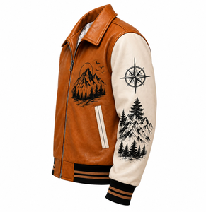 Custom for Brown Plaid Mountain Graphic Reversible Varsity Bomber Jacket Faux Leather Casual Streetwear Style <b>Covered</b> <b>Button</b> - Product Image 6