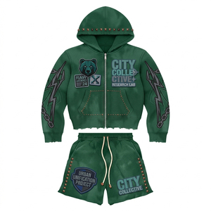 ชุดเซ็ตเสื้อฮู้ดดี้แขนสั้นผ้าคอตตอนหนานุ่มพิเศษสำหรับฤดูร้อน พิมพ์ลายสกรีน ประดับเพชร ซิป ผ้าเฟรนช์เทอร์รี่ แห้งเร็ว ล้างสีแบบแอซิดวอช สไตล์สตรีทแวร์ - Product Image 1