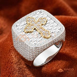 Men’s Iced Out Square <b>Statement</b> <b>Ring</b> with 18k 14k Gold Plated Cross Centerpiece – Baguette and Round Cut Simulated Diamond <b>Ring</b> - Product Image 2