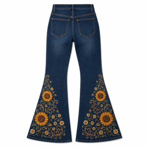 Jean évasé taille haute pour femme, motif floral, denim vintage foncé, style streetwear décontracté, respirant, OEM ODM - Product Image 4