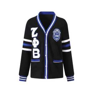 Cardigan en polaire noir Zeta Phi Beta avec broderie chenille, vêtement de sororité grecque, unisexe, coton premium, boutonné - Product Image 1