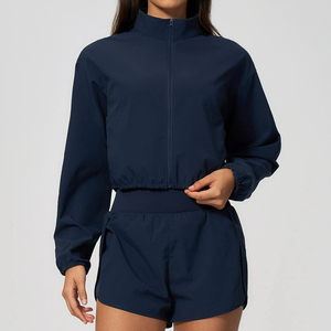 Ensemble coupe-vent bleu marine zippé pour femme, décontracté, coupe ample, couleur unie, col montant, manches longues, tenue de printemps - Product Image 5