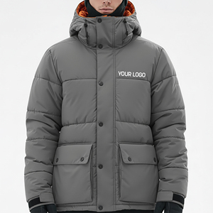 Men's Winter Stand Long Camouflage Hooded Puffer Jacket Solid Gray Thick Polyester <b>Warm</b> Windproof Casual Outdoor Front Logo - Product Image 1