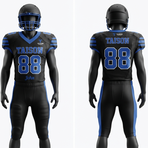 Men American Football Uniform 220 GSM Athletic Polyester <b>Mesh</b> Black <b>Blue</b> Jersey Stripe Panels Custom Tackle Twill Logo Number - Product Image 1