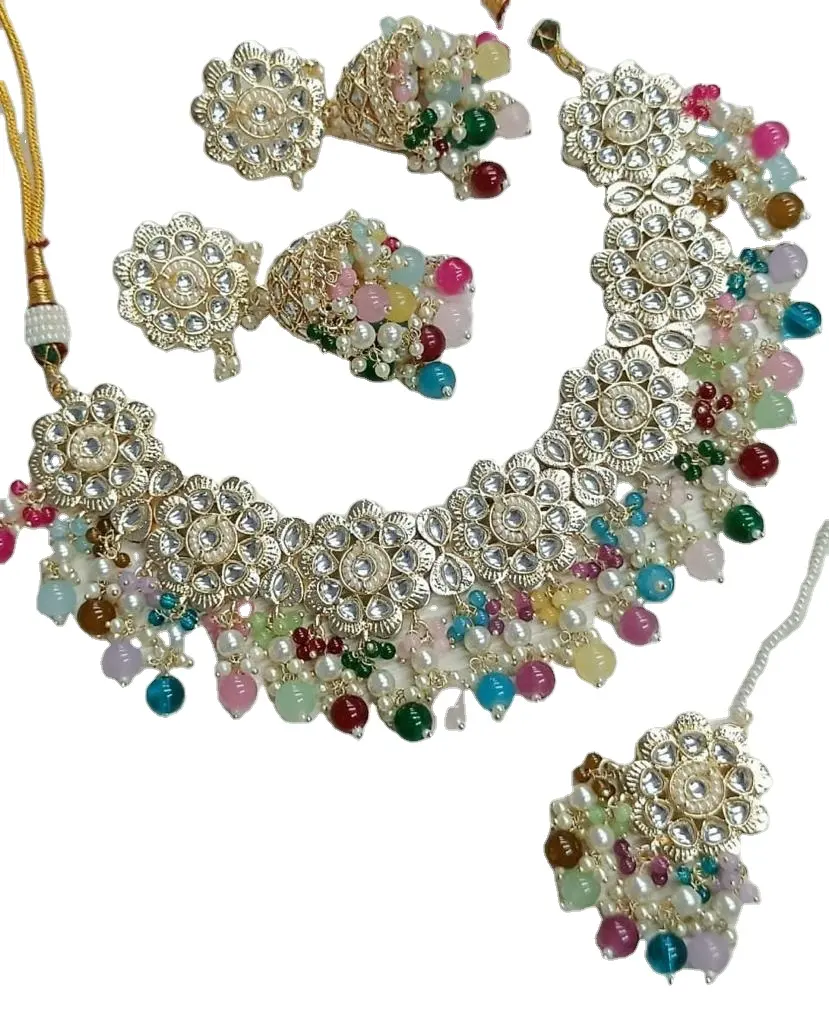 Schmuck für Frauen Blue Faux Pearl Perlen Kundan Choker Halskette Ohrring Schmuck Set Großhändler Indien
