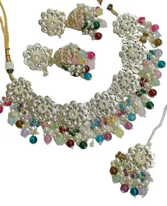 여성용 쥬얼리 블루 인조 진주 페르시 쿤단 초커 목걸이 귀걸이 보석 세트 도매상 인도