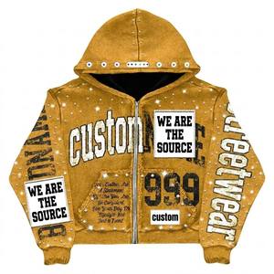 Sweat-shirt à capuche surdimensionné pour homme personnalisé, imprimé lettres en strass, streetwear, jaune, en molleton bouclette, fabricant direct d'usine - Product Image 5