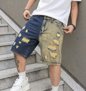 Shorts en jean déchirés patchwork pour homme, bicolores, effet usé, style hip-hop, été - Product Image 5