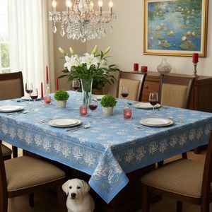 Nuevo mantel de algodón estampado a mano con motivos de loto japonés en color azul Gud, elegante, de 150x220 cm, de la fábrica india Roopantaran. - Product Image 6