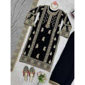 FANCY GEORGETTE FIL SEQUENCE PERLE TRAVAIL TOP BAS AVEC DUPATTA NOIR - Product Image 1