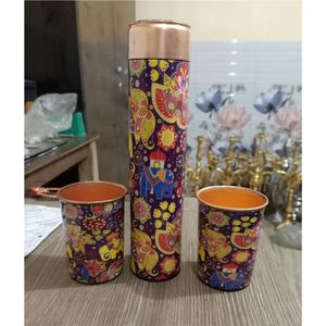 Handmade Pure Copper Water <b>Bottle</b> Set with 2 Glasses | Leak-Proof Ayurvedic Copper Vessel Luxury Floral Print Gift 1000ml <b>Bottle</b> - Product Image 2