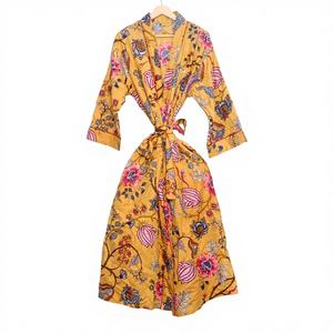 beautiful yellow Hand Block Printed Summer Bohemian Kimono Robe Loungewear 100% Cotton Soft Trending Home Wear Christmas <b>Gift</b> - Product Image 1