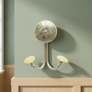 Ba Vintage Metal Wall Hook With <b>Ceramic</b> <b>Knobs</b> Flower Pattern Double Hook For Clothing Storage - Product Image 1