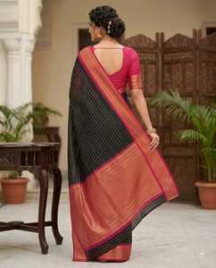 Sari en soie MYSORE noir et rose avec bordure Zari, tenue traditionnelle indienne pour mariage, pour femmes - Product Image 3