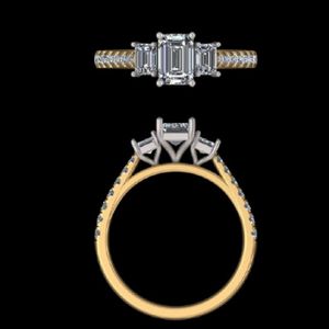 Anillo de Compromiso Sofisticado con Tres Diamantes de Corte Esmeralda y Piedras Laterales Pavé en Oro Bicolor Atemporal, Joyería Nupcial - Product Image 1