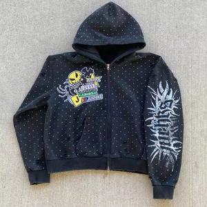 Nouvel Arrivage – Sweat à Capuche Zippé Intégral Homme, 100% Coton Délavé à l'Acide, Qualité Supérieure, Personnalisé, avec Strass, Style Streetwear Oversize - Product Image 2