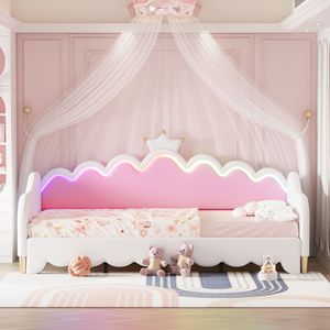 Moderna Divanetto Letto Singolo Bianco Estensibile con Luci LED, Testiera a Corona e Design Imbottito Stile Principessa per Arredamento Bambini e Neonati - Product Image 2