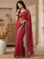Sari en soie rouge élégant avec bordure argentée pour femme, tenue de mariage, longueur au sol, coupe classique, imprimé floqué du Bengale occidental, en stock