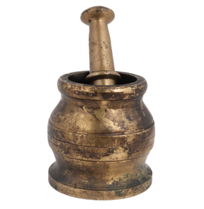 Antique European style shallow brass mortar pestle set with lion head side reliefs, available at wholesale prices. - Product Image 3