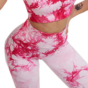 Women Yoga Set Tie Dye Pink White High Waist <b>Leggings</b> Square Neck Non-Convertible Straps <b>Crop</b> Top 2 Piece Spandex Polyester - Product Image 6