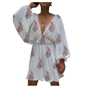 Vestido de Verano de Algodón con Escote en V Profundo y Mangas Farol para Mujer, Atuendo Chic con Tirantes, Sexy para Fiesta y Club, Estampado a Mano, ¡Venta Caliente! - Product Image 2