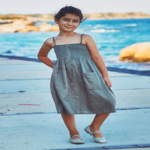 Beautiful Spring Wear Kids <b>Strap</b> Casual Gray Midi Dress Featuring With Front Buttons & Two Front Pockets Made With Pure Cotton - Product Image 1