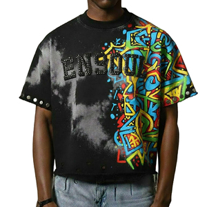 Camiseta de diseñador para hombre con logo de diamantes de imitación personalizado, de manga corta, de peso pesado, con estampado vintage desgastado por el sol, estilo streetwear para primavera. - Product Image 1