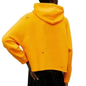 Sudadera con capucha para hombre de primavera, sin bolsillos, con efecto desgastado por el sol, de corte deshilachado, lavado ácido personalizado, corta, de peso pesado, con forro polar, con dobladillo sin rematar, con apliques y efecto desgastado - Product Image 2