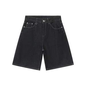 Pantalones Cortos de Mezclilla para Hombre, Lavado Oscuro, Cintura Alta, Pierna Recta, Algodón, Estilo Casual de Verano, con Bolsillos, Tela Tejida, Detalle de Costuras - Product Image 1