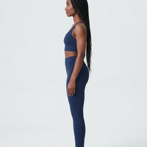 Custom <b>Navy</b> Blue 2-Piece Yoga Set Scoop Neck Racerback <b>Crop</b> Top High Waist Full Length <b>Leggings</b> Heat-Transfer Printed Logo Front - Product Image 5