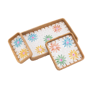 Magnifique plateau de service en rotin vietnamien avec nacre, motif floral coloré, élégant pour les fêtes, vente en gros - Product Image 1