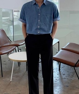 <b>Men's</b> Light Blue Denim Short Sleeve Shirt Loose Fit Turn-down Collar Casual Summer Breathable Cotton Solid Color Pocket - Product Image 2