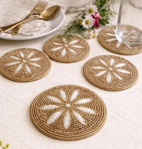 Handmade Gold & White Beaded <b>Coasters</b> | Floral Round Boho <b>Drink</b> <b>Coasters</b> (4x4 Inch) by whimsy art craft - Product Image 1