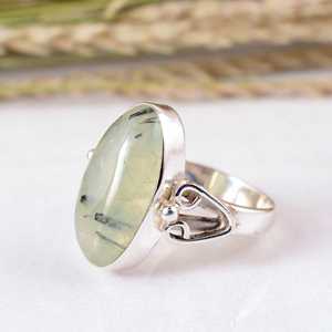 925 Sterling Silver Green Prehnite Oval Natural Gemstone <b>Ring</b> Handcrafted <b>Adjustable</b> Band Boho Hippie Style Bezel Setting Unique - Product Image 2