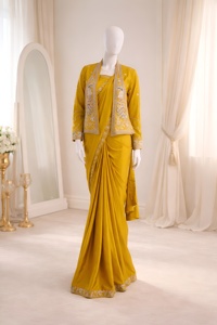 Party Wear Mustard Embroidery Work Ready To Wear Saree With Embroidery Work Fully Stitched Jacket And <b>Blouse</b> - Product Image 3