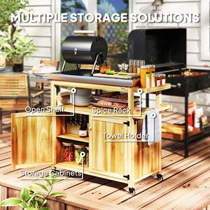 Carrello da Cucina per Esterni in Legno Massello con Piano in Acciaio Inox, Ruote e Armadietti, Carrello per Barbecue da Esterno in Legno Naturale - Product Image 5