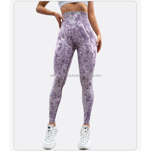 Leggings de yoga taille haute sans coutures pour femmes, en mélange de coton respirant, effet tie-dye, gainant le ventre, extensibles, pour le fitness - Product Image 4