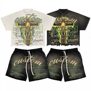 เสื้อยืดและกางเกงขาสั้นผ้าฝ้าย Glory Custom พร้อมลายกราฟิกประดับเพชรแบบ Acid Wash เสื้อยืดพิมพ์ลายทรงบ็อกซี่โอเวอร์ไซส์สำหรับผู้ชาย - Product Image 1